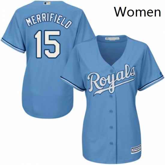 Womens Majestic Kansas City Royals 15 Whit Merrifield Authentic Light Blue Alternate 1 Cool Base MLB Jersey